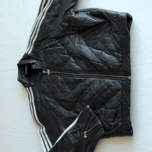 Vintage Adidas Quilted Black Leather Bomber Jacket w/ Stripes Men's Large